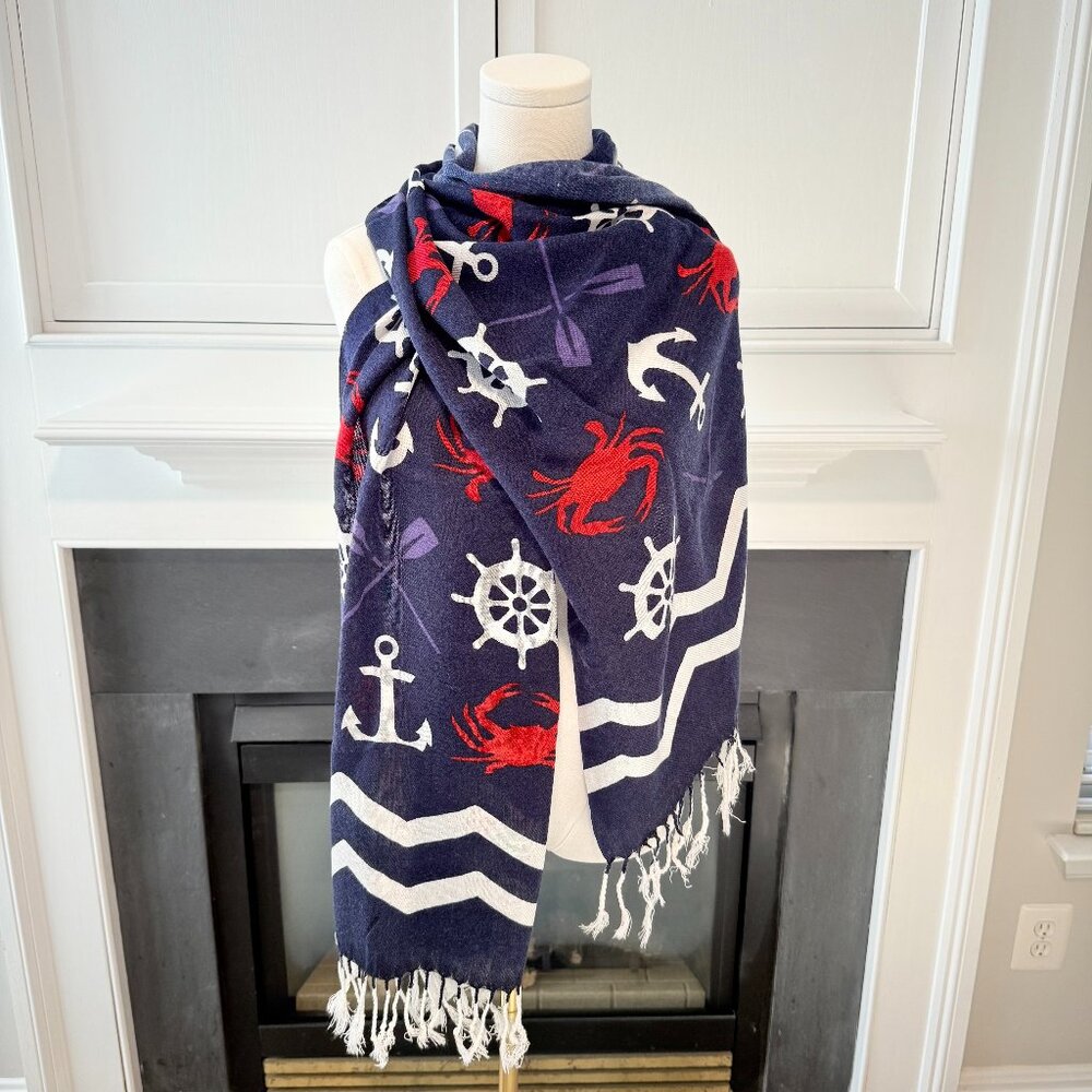 💙⚓🦀 Nautical Crab & Anchor Fringe Scarf | Navy Coastal Wrap
